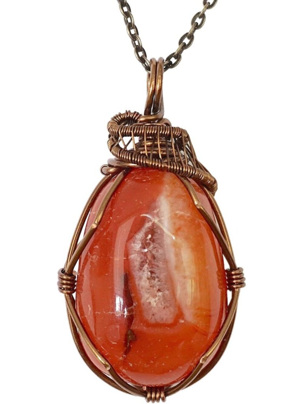 Handcrafted Raw Gemstone Necklace, Antique Bronze Wire Pendant, 24" Chain
